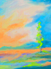 Vibrant, Colorful Impressionistic Pine Tree At Sunset - Illustration, Digital Painting, Art, Artwork, Design