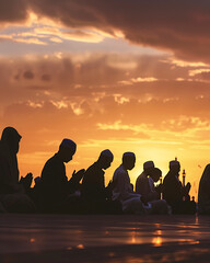 Silhouettes of worshippers in prayer during the magical moment of sunset, marking the end of the day's fast and the beginning of iftar, embodying the spiritual essence of Ramadan