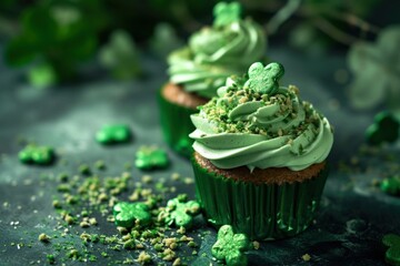 a cupcakes with green frosting and shamrocks - obrazy, fototapety, plakaty