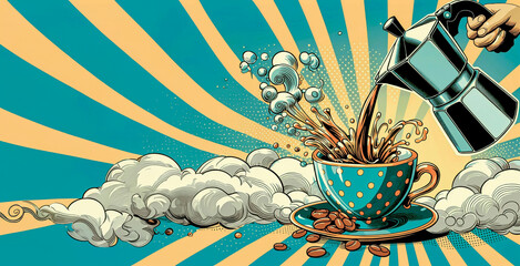Coffee cup and coffee beans in pop art retro style.