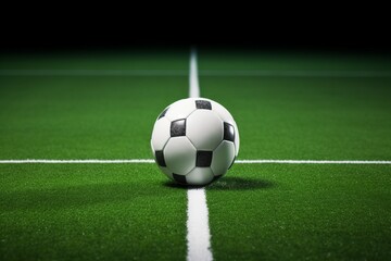 Fototapeta premium Football soccer field with artificial turf, goal net shadow on green synthetic grass