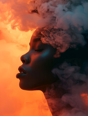 Lateral de la cara de mujer piel oscura, rmirada enfrente, está cubierta entre nubes blancas, formato vertical, fondo naranja, luz tenue. Imagen en IA. - obrazy, fototapety, plakaty
