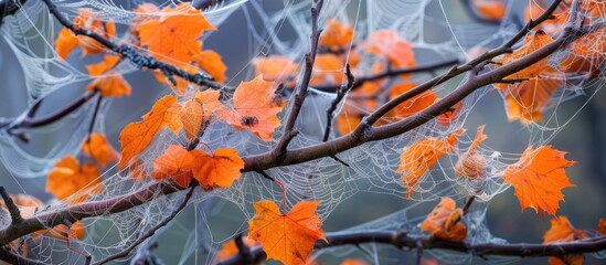 Spider web intricately woven among orange leaves on a tree during autumn. The delicate web glistens in the sunlight against a backdrop of colorful foliage.