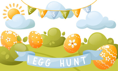 Vector cute illustration of an Easter egg hunt, Easter painted eggs hidden in the bushes and grass. Suitable for Easter banners, invitations, cards, flyers.