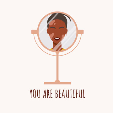 World vitiligo day concept. Young woman with vitiligo skin depigmentation looking in a mirror. Body positive and inclusivity illustration. Skincare and bodycare collection