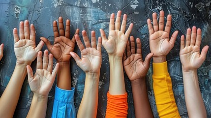 Students of different races and ethnicities come together for a school assembly on diversity and inclusion, raising their hands as a pledge to promote understanding and acceptance among their peers 