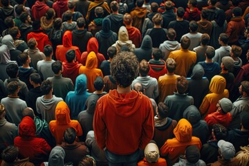 Stand out from the crowd concept with man standing out from large crowd of people