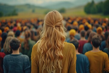 Stand out from the crowd concept with blonde woman standing out from large crowd of people  - obrazy, fototapety, plakaty