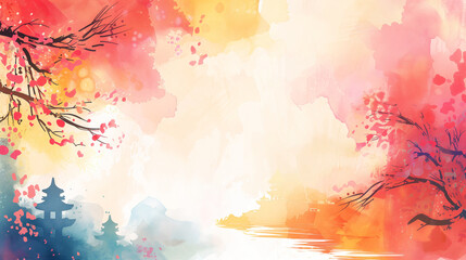 Watercolor oriental background with a lot of empty copy spcae for text. Asia inspired artistic banner template.