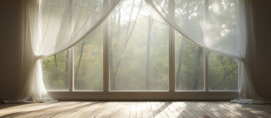 A room featuring a large window adorned with sheer white curtains, allowing soft light to filter in. The curtains gently sway in the breeze, creating a serene atmosphere within the space.