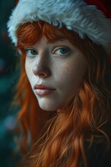 a woman with red hair wearing a santa hat