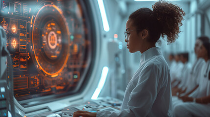 Female scientist navigates futuristic equipment in high-tech lab, touch screens and manipulators