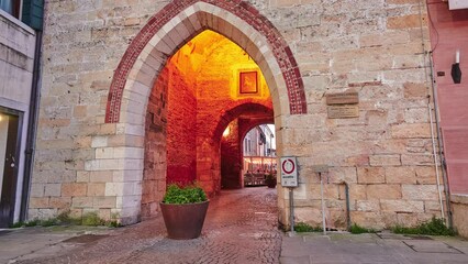CASTELFRANCO VENETO, ITALY - APRIL 20 2018: Log in Castle of Castelfranco Veneto, comune of Veneto, northern Italy, in province of Treviso.