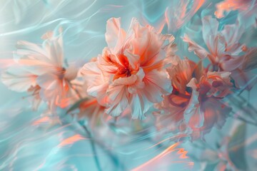 Blossomed flowers in the style of abstracted photography in light red and light aquamarine colors. Surreal still life composition in motion blur