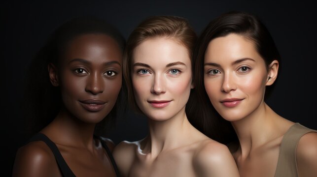 Diverse group of beautiful women with natural glowing skin, young multiethnic females beauty concept