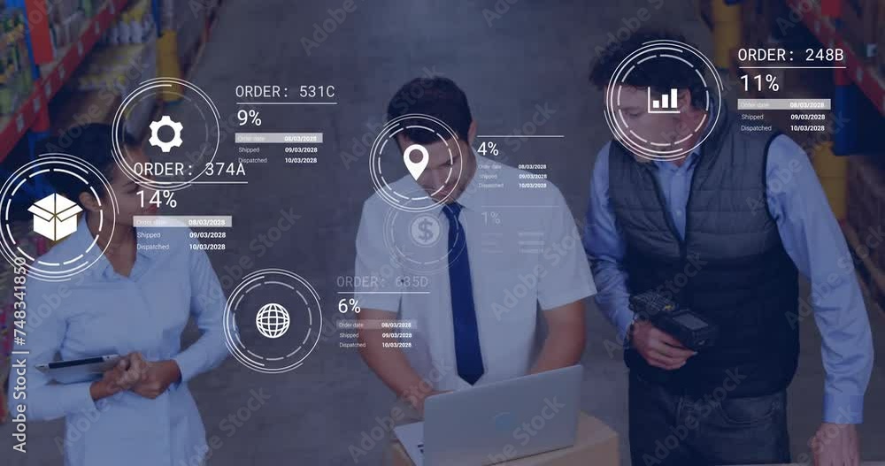 Poster animation of business icons and data processing over diverse colleagues discussing work in warehouse