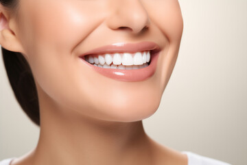 Obraz premium A photo portrait of a beautiful woman, smiling with clean teeth, perfect teeth