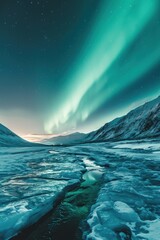 a stream of ice and snow with green lights in the sky