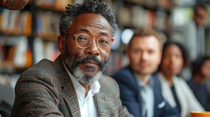 Professional group with stylish man in focus, surrounded by others in discussion. Bookshelves in background.