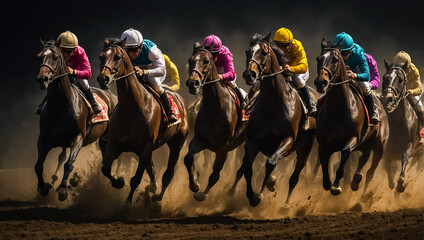 horses with riders at the races competitor - obrazy, fototapety, plakaty