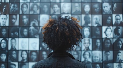 Person viewing diverse portraits in a gallery setting.