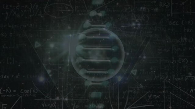 Animation of dna strand and light spots over mathematical equations