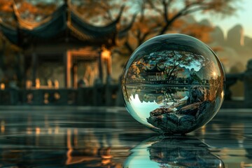 Crystal ball reflecting a serene Eastern architectural landscape at dawn, creating a peaceful atmosphere