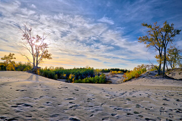 Spectacular sunset over the sand dune in autumn