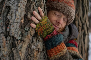A close-up captures the intriguing textures of tree bark and the warmth of a human touch, symbolizing connection with nature