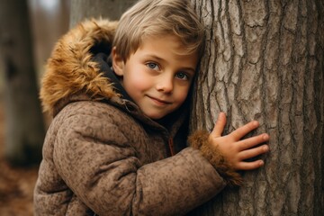 Child in forest hugging tree, promoting sustainable living, net zero emissions and carbon neutrality