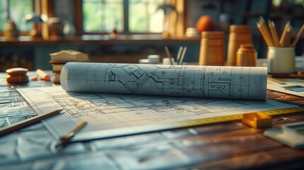 Architects workspace with blueprints, drawing tools, and books. Sunlight brightens the room.
