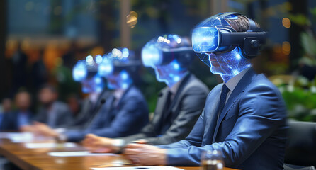 Virtual negotiation: businessmen engage clients via holographic interface, futuristic approach