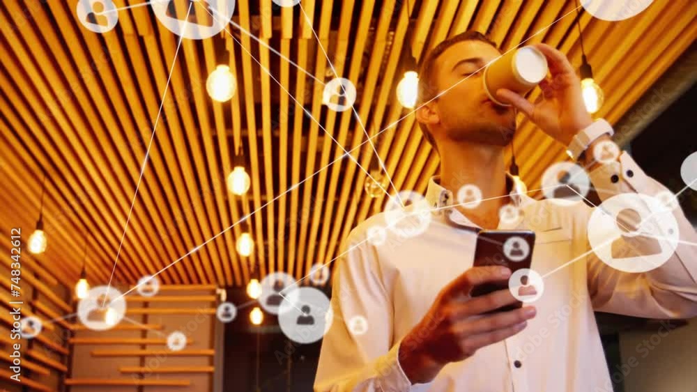 Aufkleber animation of network of connections with icons over caucasian man using smartphone