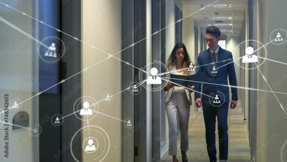 Poster animation of network of connections with icons over diverse colleagues discussing work