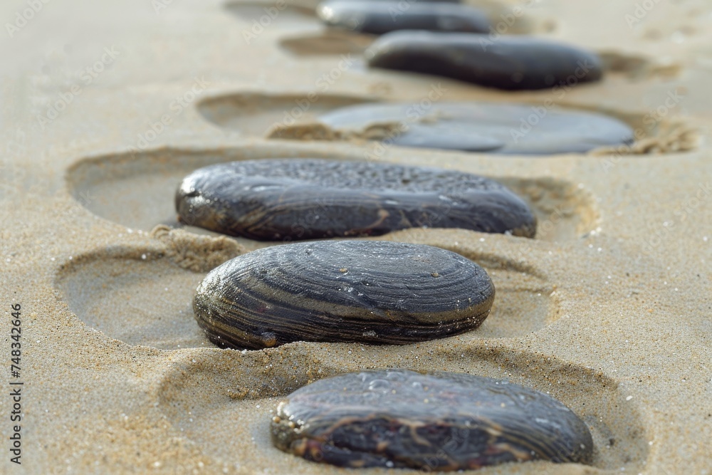 Poster a sequence of smooth, dark stones strategically placed in the sand on a peaceful beach