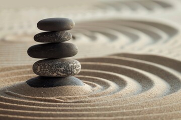 Carefully stacked Zen stones creating a sense of balance and calm in a tranquil sand garden with raked lines