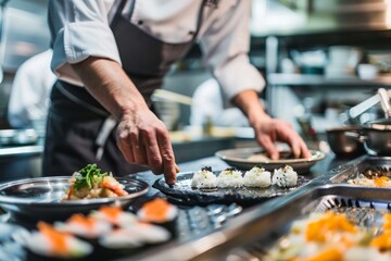 A professional chef meticulously placing sushi on a black plate in a bustling restaurant kitchen