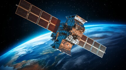 Futuristic telecom satellite orbiting earth with gps for internet connection and space services