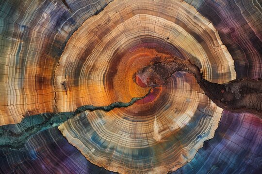 Detailed macro shot of a colorful tree ring pattern showcasing nature's beauty and history