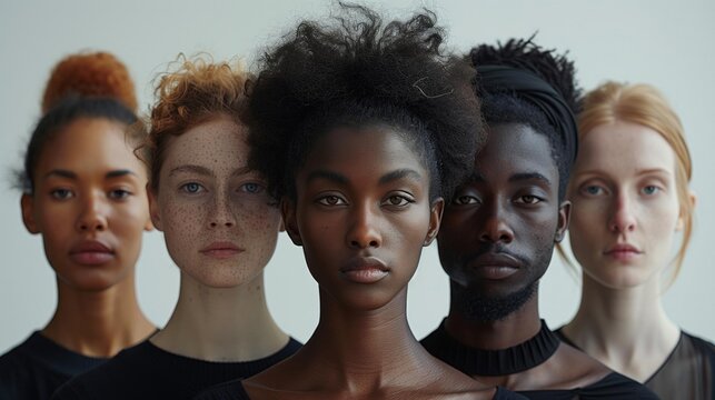 Group of five people in dark clothes, diverse appearances, neutral expressions, facing camera.