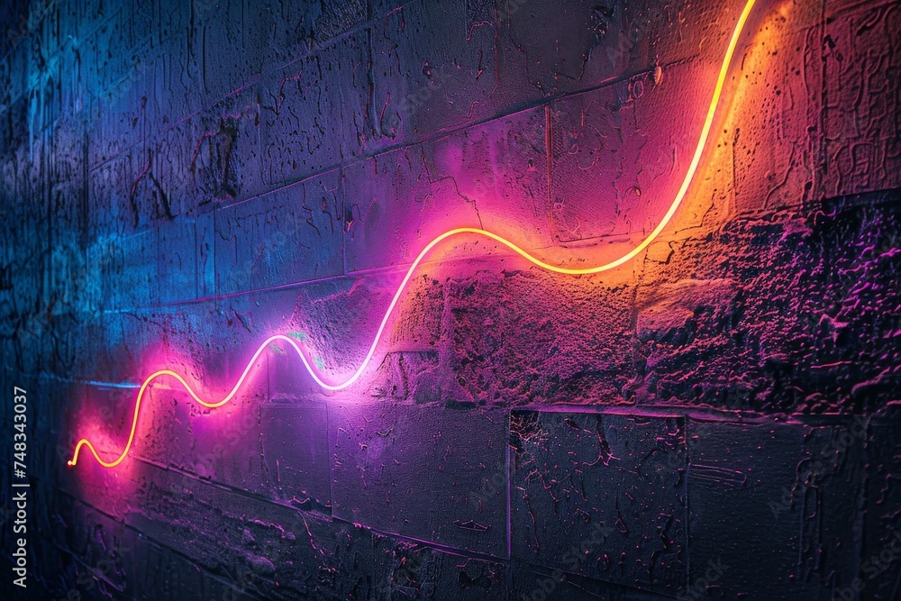 Aufkleber neon light creating a zigzag pattern on a textured concrete wall, illuminated by rain, depicting nig