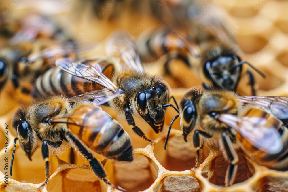 Poster a macro photograph showcasing honeybees diligently working together on wax honeycomb cells inside th