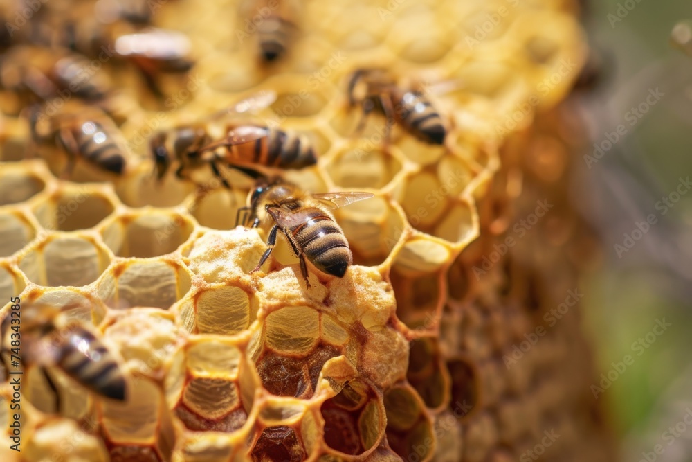 Poster close-up image highlighting bees on honeycomb, with a focus on their teamwork and the textures of th