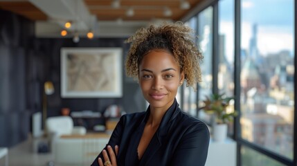 Person in office attire standing in modern space, cityscape seen through window.