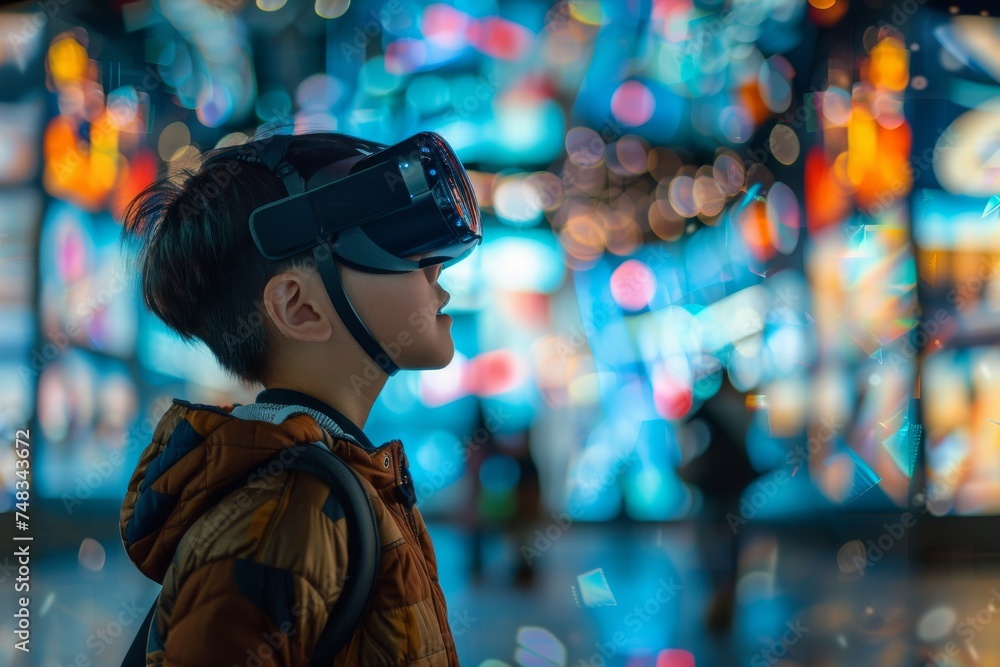 Poster young boy experiencing virtual reality with a headset in a room with neon lights, exploring new tech