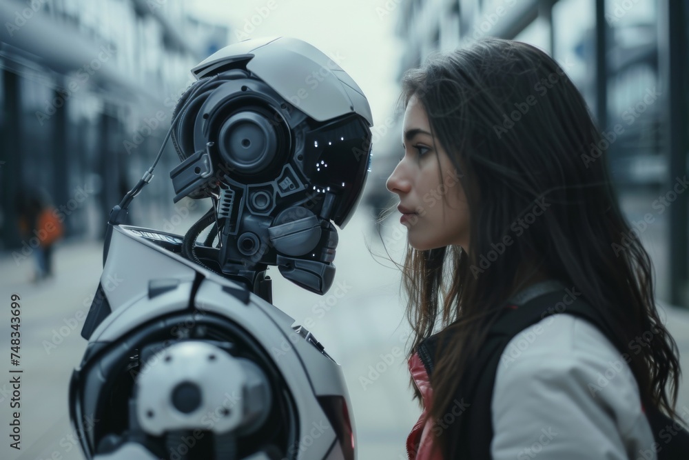 Aufkleber A portrayal of human interaction with advanced robotics, representing future and AI concepts
