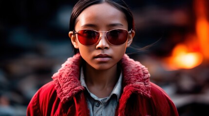 a woman wearing sunglasses and a red coat