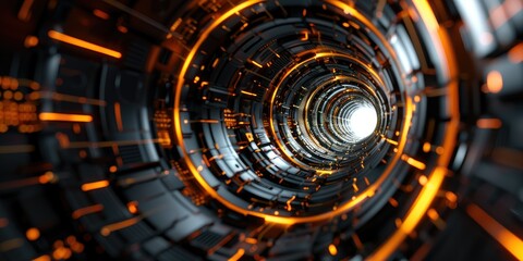 Futuristic technology tunnel with glowing orange light, abstract sci-fi background. - obrazy, fototapety, plakaty