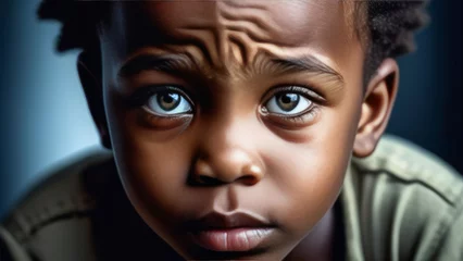 Fotobehang Sad african american kid boy on blurred abstract background. Portrait photography angry black kid © Yekatseryna