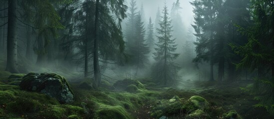 The image shows a foggy forest filled with numerous trees, creating a mystical and atmospheric scene. The dense fog envelops the trees, giving a sense of mystery and intrigue to the landscape. - Powered by Adobe